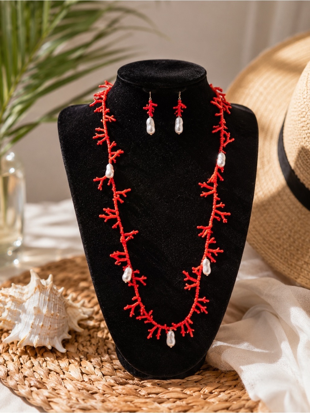 Red Coral Chip Necklace & Baroque Pearl Earrings Set | Statement Jewelry